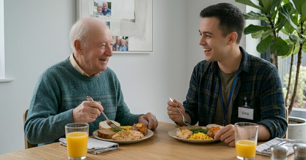 Warm and personal moment between a caregiver and a senior client