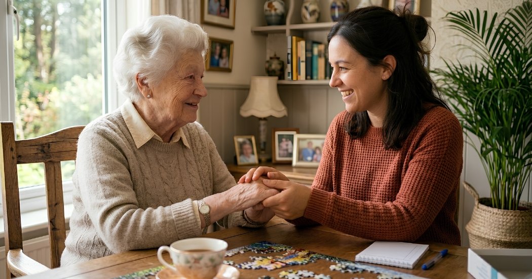 Caregiver arriving punctually with a professional and warm appearance